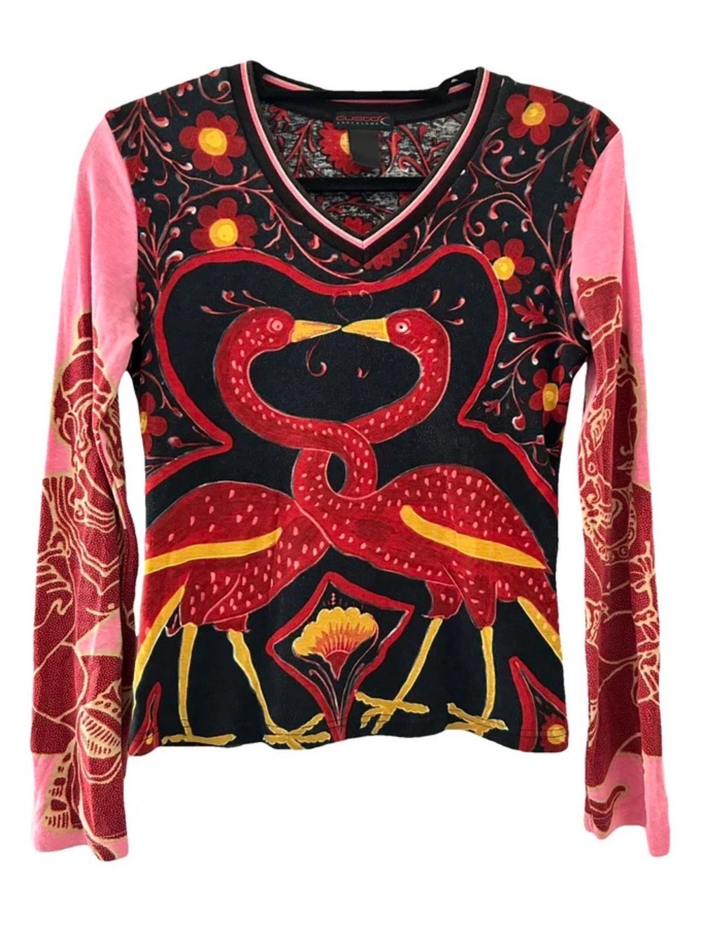 Custo Barcelona Black Top with Pink, Red & Yellow Flamingo Motif